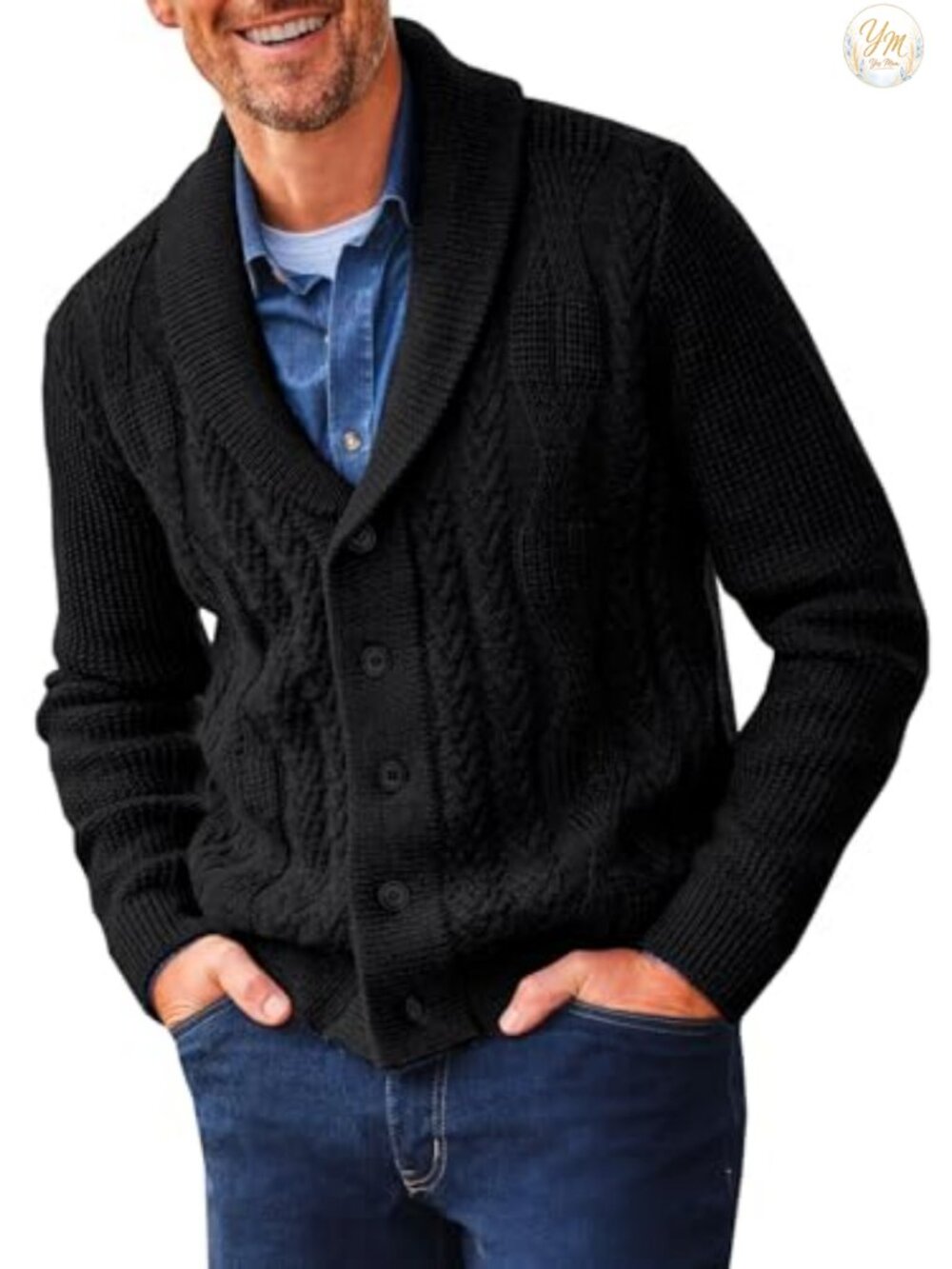 Mens Shawl Collar Cable Knit Cardigan Sweater Long Sleeve Winter Outerwear